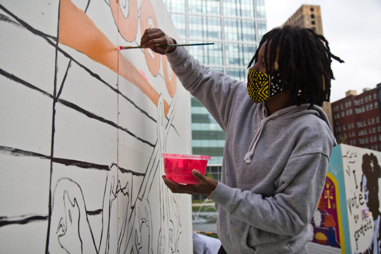 WHYY Murals sprout in LOVE Park urging Philadelphians to vote Mural